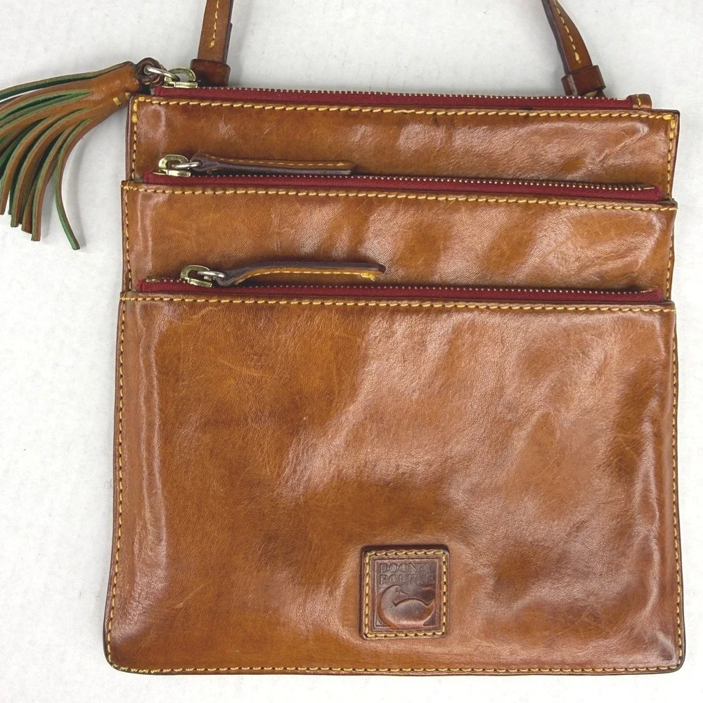 Dooney & Bourke Florentine Leather Triple Zip Crossbody Bag Tan Tassel Messenger